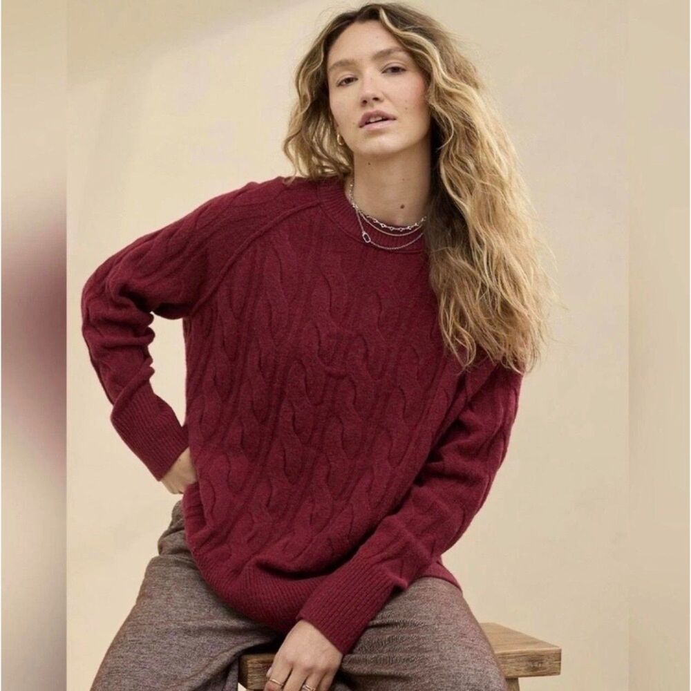 Aerie Cable Knit Sweater XXS Burgundy Maroon Oversized Cozy Raglan Pullover Chic